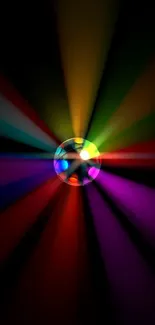 A colorful disco light display with multicolored beams on a black background.