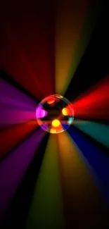 Vibrant disco light pattern with colorful beams on a black background.