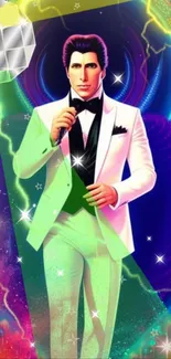 Mobile wallpaper with a vibrant disco singer in a white suit and neon colors.