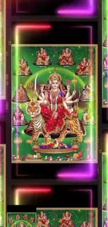 Vibrant deity artwork on a green background mobile wallpaper.