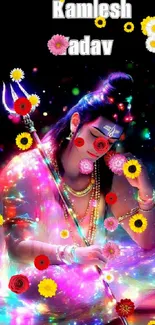 Colorful divine figure with glowing flowers wallpaper.