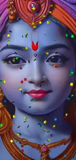 Vibrant artwork of a mystical figure with colorful attire and divine aura.