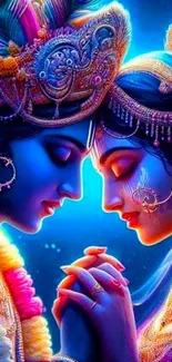 A divine Indian couple in an ethereal embrace with vibrant colors.