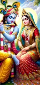 Vibrant art of divine couple in a serene setting, perfect for mobile wallpaper.