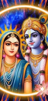 Radha Krishna vibrant art mobile wallpaper with divine detailing.