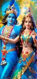 Vibrant divine couple in traditional attire, rich in blue hues.