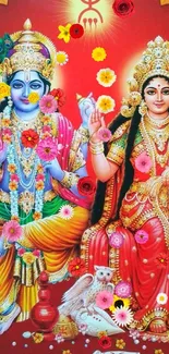 Vibrant Hindu deities, Vishnu and Lakshmi, depicted in colorful art.