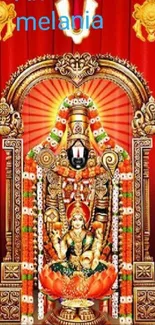 Ornate deity artwork with red drapes and floral accents on phone wallpaper.