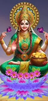 Vibrant goddess sitting on lotus with a background of serene colors, exuding peace.