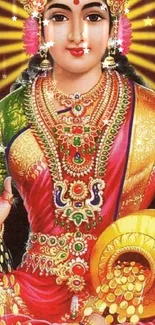 Colorful divine goddess portrait with vibrant attire and jewelry.