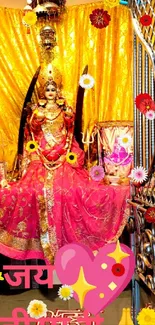 Vibrant goddess adorned in ornate attire with flowers and gold backdrop.