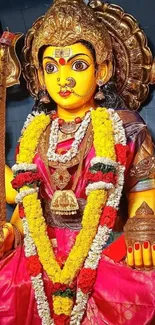 Vibrant yellow goddess statue with garlands on smartphone wallpaper.