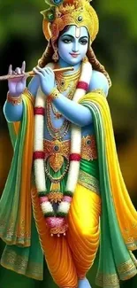 Colorful artwork of Lord Krishna playing the flute.