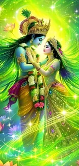Mythological divine couple in colorful embrace.