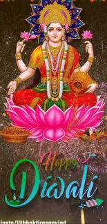 Diwali festival wallpaper with colorful deity, lotus, and fireworks.