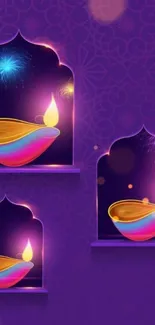 Vibrant Diwali wallpaper with glowing lamps and purple hues.