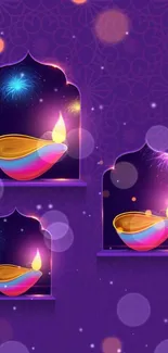 Vibrant Diwali lamps on purple background.