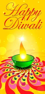 Vibrant Diwali wallpaper with traditional lamp on a bright yellow background.