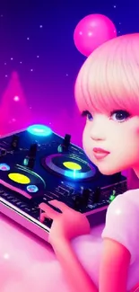 Anime girl DJ with pink hair and neon colors against a starry background.