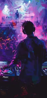 DJ mixing tracks on stage with vibrant lights and concert crowd.