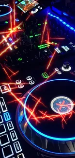 Vibrant DJ console with neon lights glowing in blue and green hues.