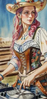 Vibrant artistic DJ cowgirl in western attire with a colorful background.