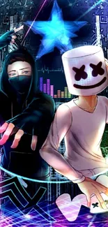 Energetic digital illustration of a DJ duo with vibrant neon lights.