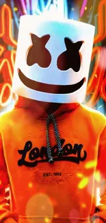 Masked DJ in bright neon background with orange hoodie.