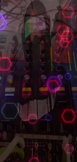 DJ mixer with neon hexagons on a dark background wallpaper.