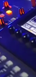 Neon-lit DJ mixer with vibrant controls and display.