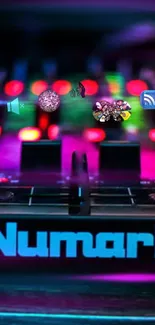 Vibrant DJ mixer with neon lights and music theme for phone wallpaper.