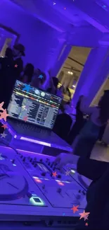 DJ setup in vibrant nightclub scene with dynamic lighting.