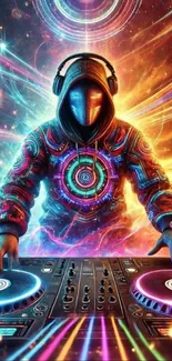 Colorful DJ with psychedelic and cosmic vibes playing music.
