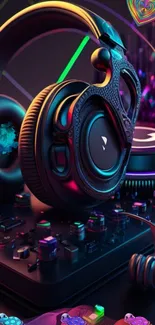 DJ setup wallpaper with neon lights and headphones.