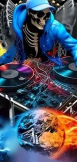 Colorful DJ skeleton with turntables and fiery background.