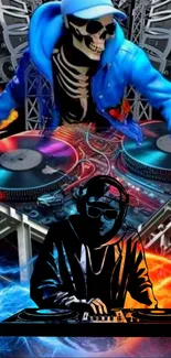 DJ skeleton with vibrant colors in a dynamic music scene.