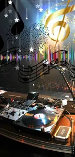 Energetic DJ stage with vibrant lights and music notes.