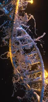 Colorful DNA strand with abstract art on a dark background.