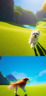 Animated dog runs joyfully in a bright green landscape with blue sky.