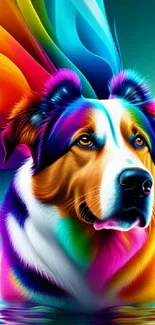 Vibrant, colorful dog artwork with a rainbow palette on mobile wallpaper.