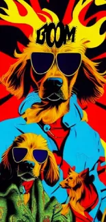 Vibrant artistic dog wallpaper with sunglasses and bold colors.