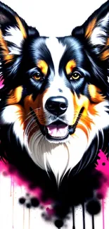 Vibrant artistic dog illustration with bold colors on a white background.