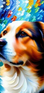 Vibrant, colorful dog abstract painting in blue tones for mobile wallpaper.