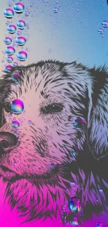 Dog illustration with gradient colors and bubbles.