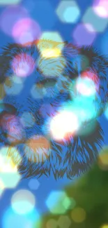 Artistic dog illustration with colorful bokeh lights on a blue background.