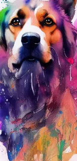 Vibrantly painted dog in colorful watercolor design.