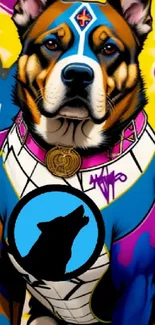 Graffiti-style dog art in blue, pink, and yellow hues.