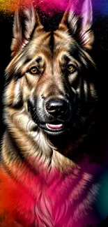 Majestic dog artwork with vibrant colors and a unique design on a black background.