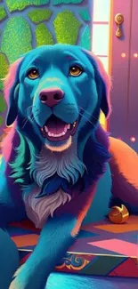 Vibrant colorful dog sitting in a digital art setting with bright patterns.