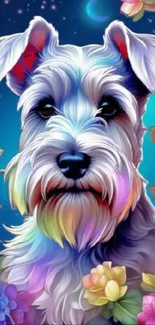 Vibrant fantasy artwork of a colorful dog with floral backdrop.